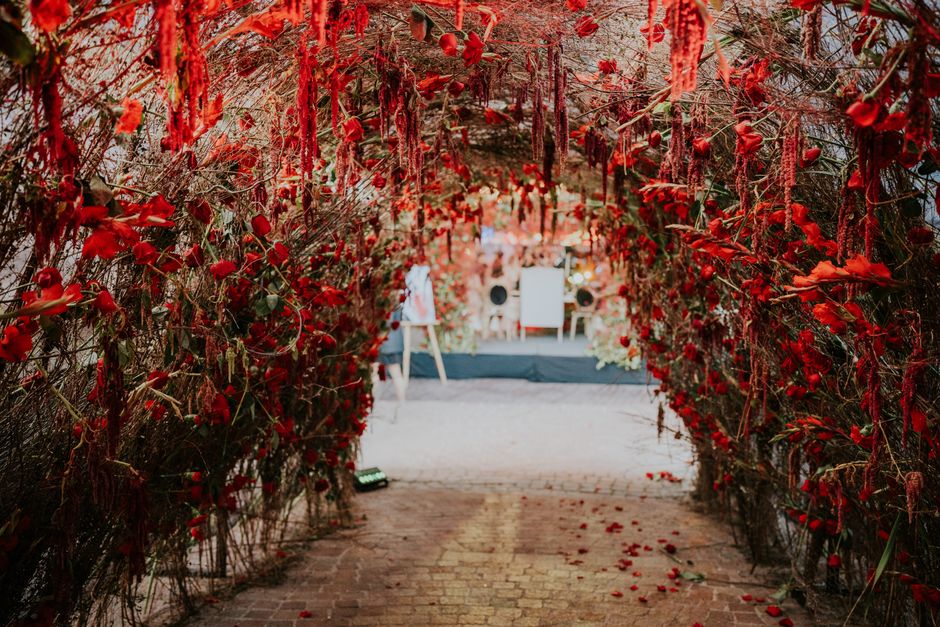 A natural walking path lined with dense, intertwined red flowering vines, creating a vibrant, romantic tunnel. The flowers are predominantly deep red, with some green foliage visible among the blooms.